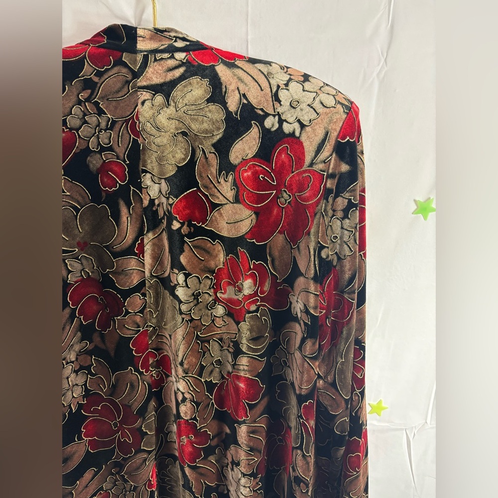 VTG Women's L Velvet Black and Gold Metallic with Vibrant Red Floral - Picture 8 of 13